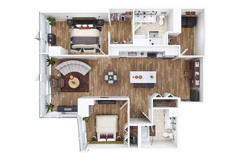 Floor plan for 2 beds, 2 baths, 1040 sqft